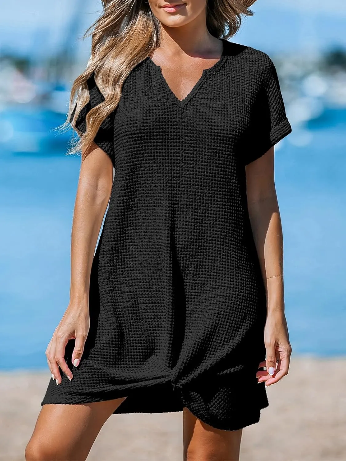 CUPSHE Women Waffle Knit Bathing Suit Cover Up Short Sleeve Twist Hem Swimsuit Coverup for Summer Vacation