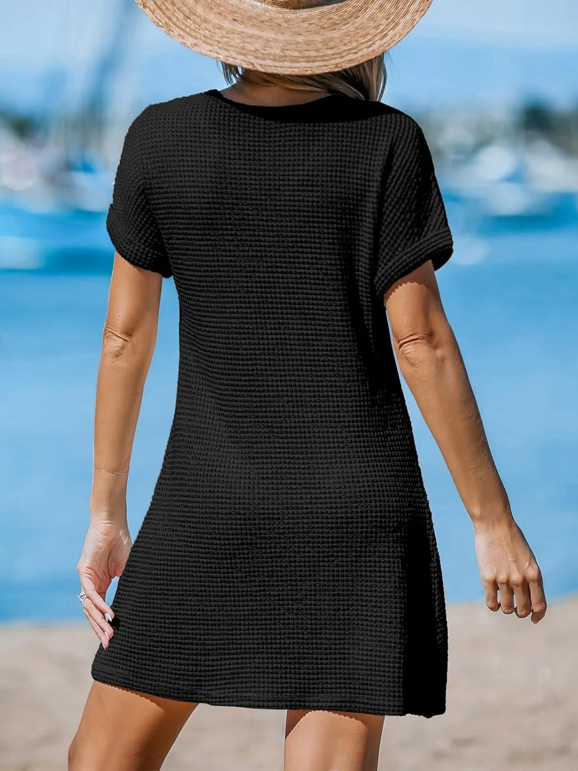 CUPSHE Women Waffle Knit Bathing Suit Cover Up Short Sleeve Twist Hem Swimsuit Coverup for Summer Vacation