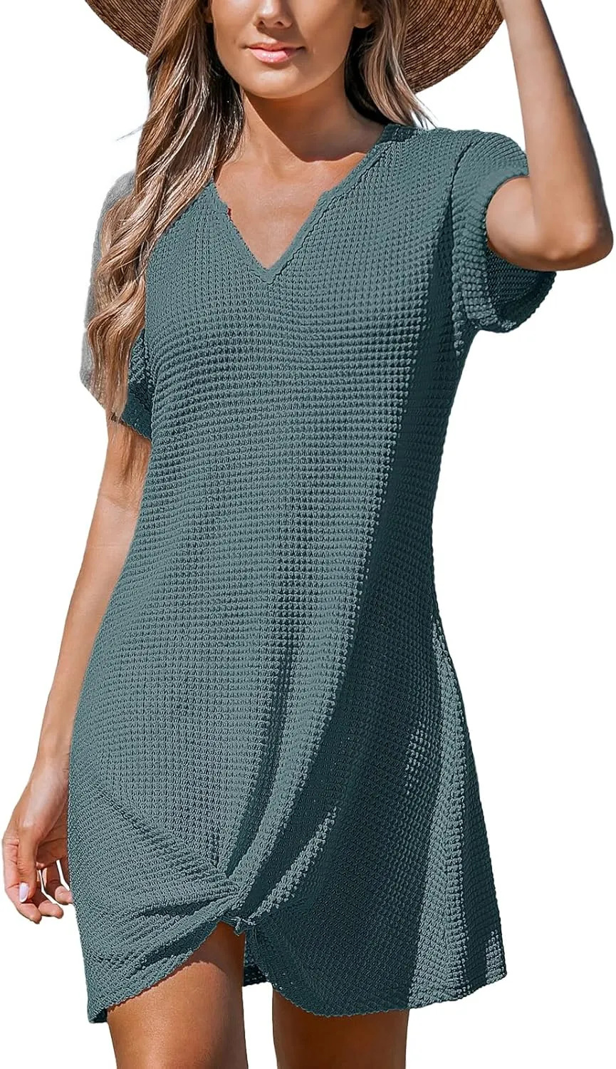 CUPSHE Women Waffle Knit Bathing Suit Cover Up Short Sleeve Twist Hem Swimsuit Coverup for Summer Vacation