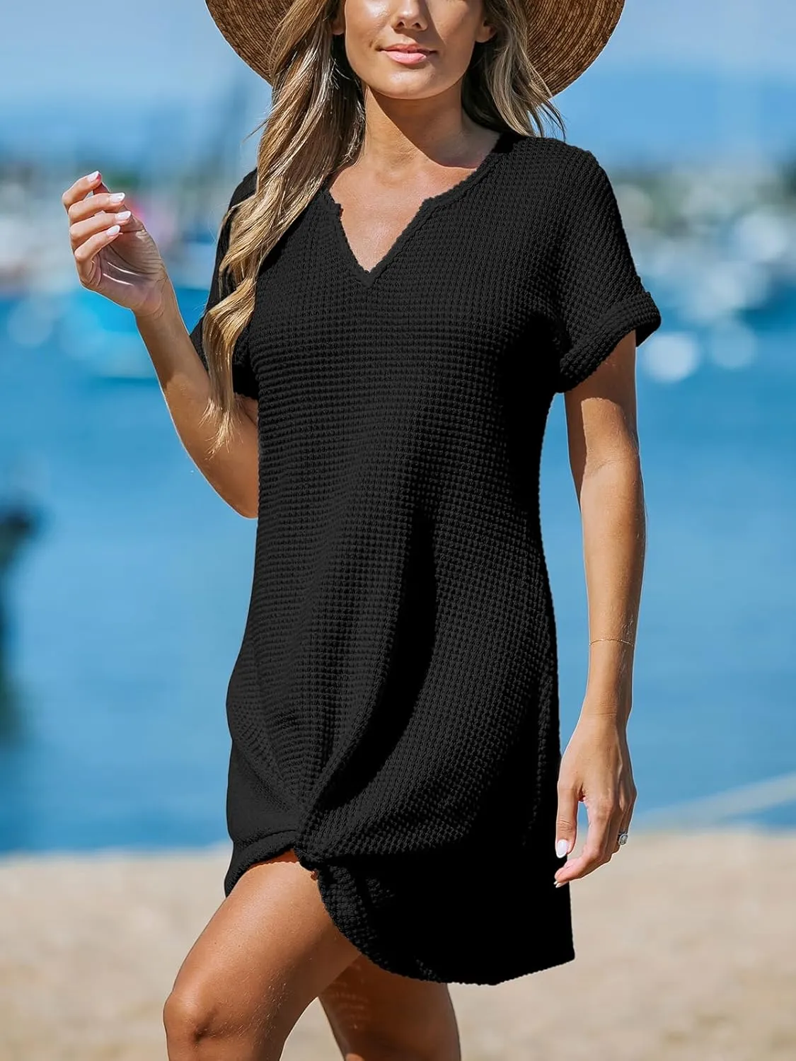 CUPSHE Women Waffle Knit Bathing Suit Cover Up Short Sleeve Twist Hem Swimsuit Coverup for Summer Vacation