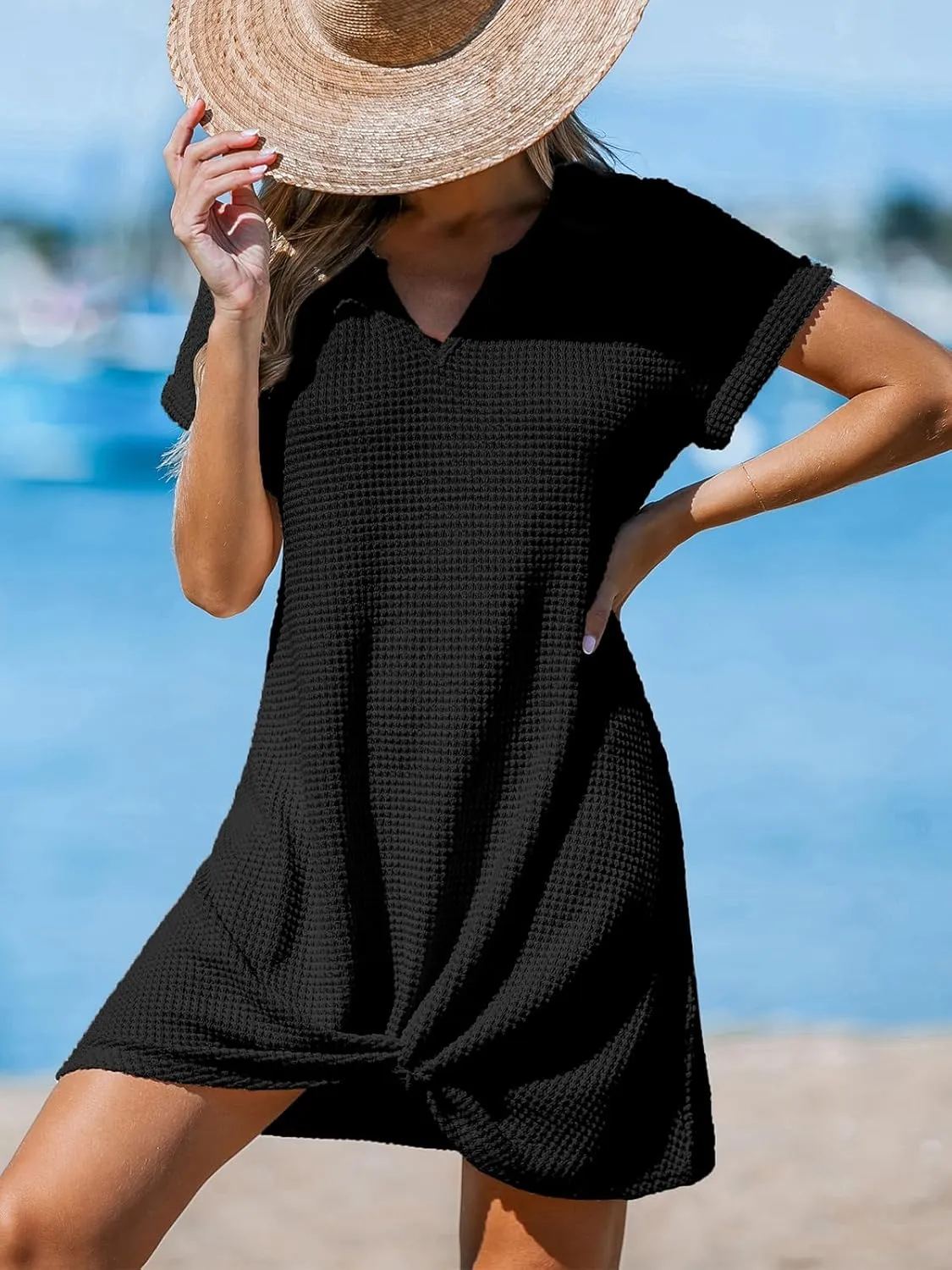 CUPSHE Women Waffle Knit Bathing Suit Cover Up Short Sleeve Twist Hem Swimsuit Coverup for Summer Vacation