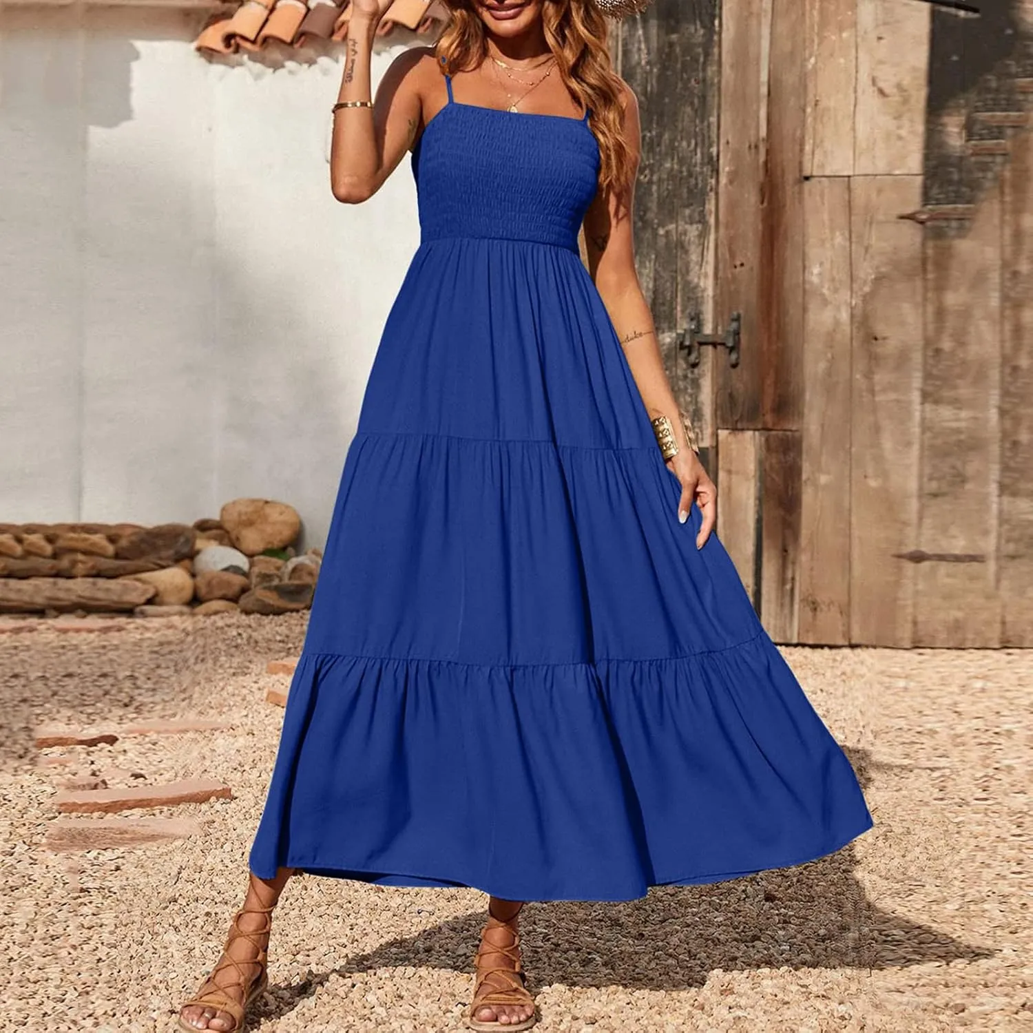 Dresses for Women 2024 Casual Bohemian Spaghetti Strap Smocked Tiered Long Beach Dresses Sleeveless Maxi Dress