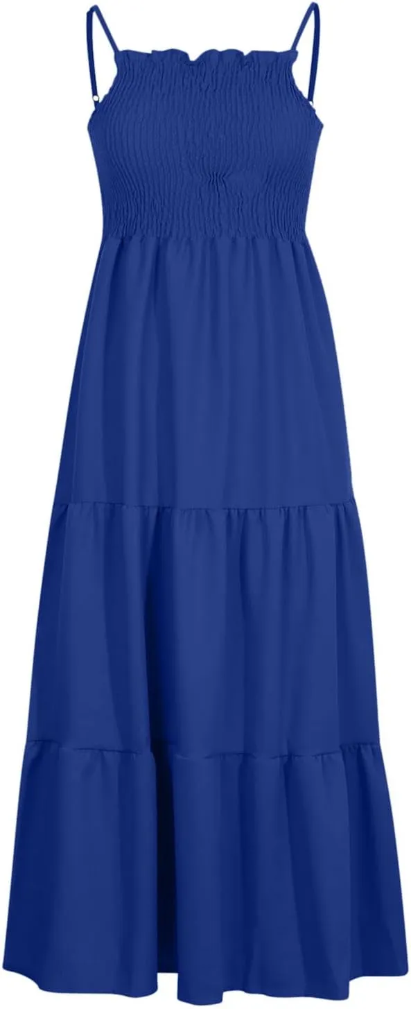 Dresses for Women 2024 Casual Bohemian Spaghetti Strap Smocked Tiered Long Beach Dresses Sleeveless Maxi Dress