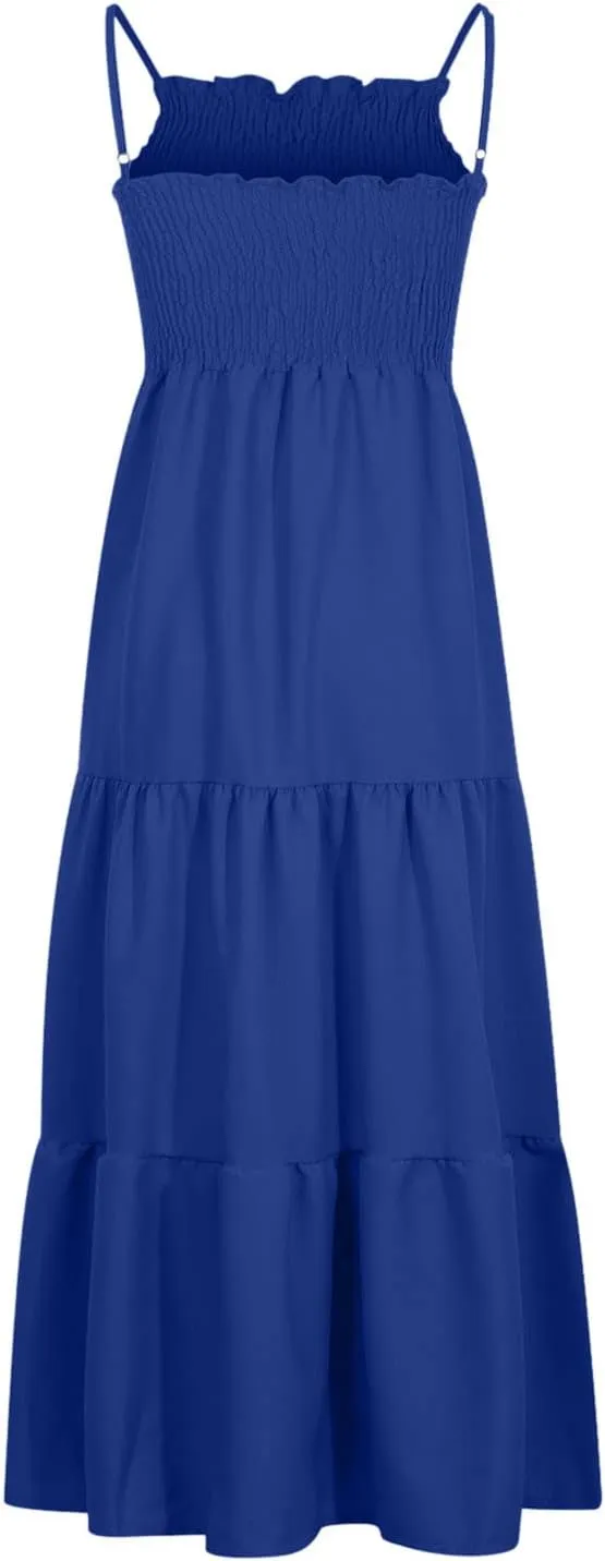 Dresses for Women 2024 Casual Bohemian Spaghetti Strap Smocked Tiered Long Beach Dresses Sleeveless Maxi Dress