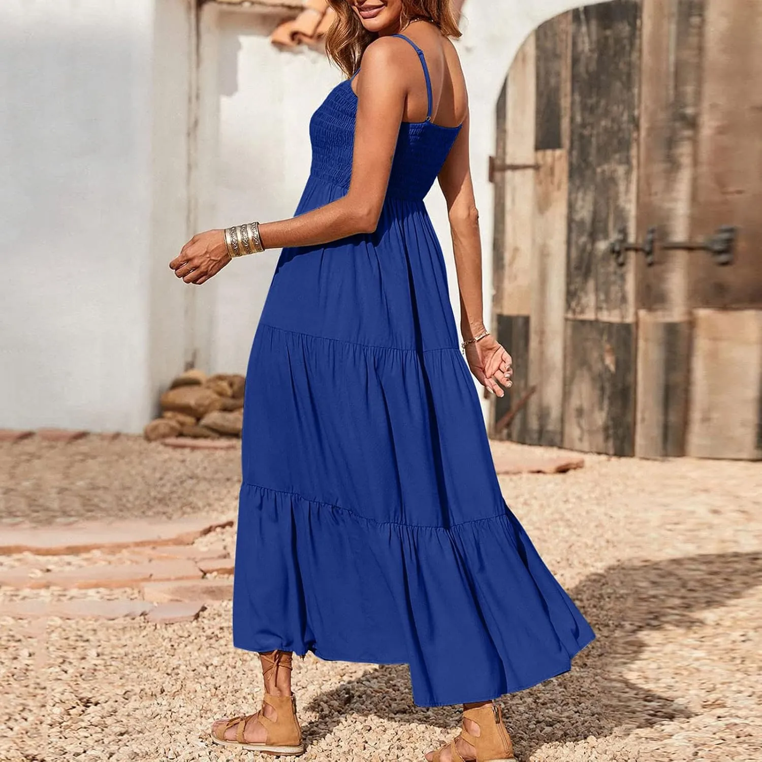 Dresses for Women 2024 Casual Bohemian Spaghetti Strap Smocked Tiered Long Beach Dresses Sleeveless Maxi Dress