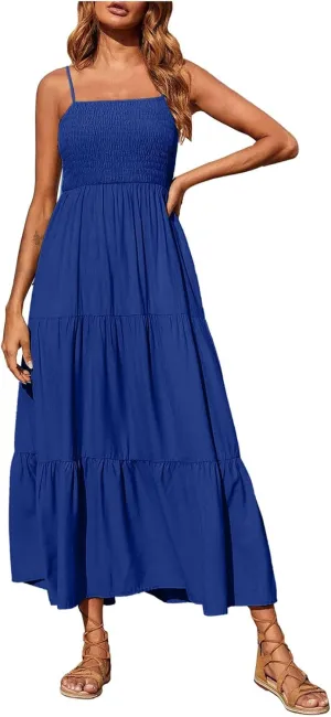 Dresses for Women 2024 Casual Bohemian Spaghetti Strap Smocked Tiered Long Beach Dresses Sleeveless Maxi Dress