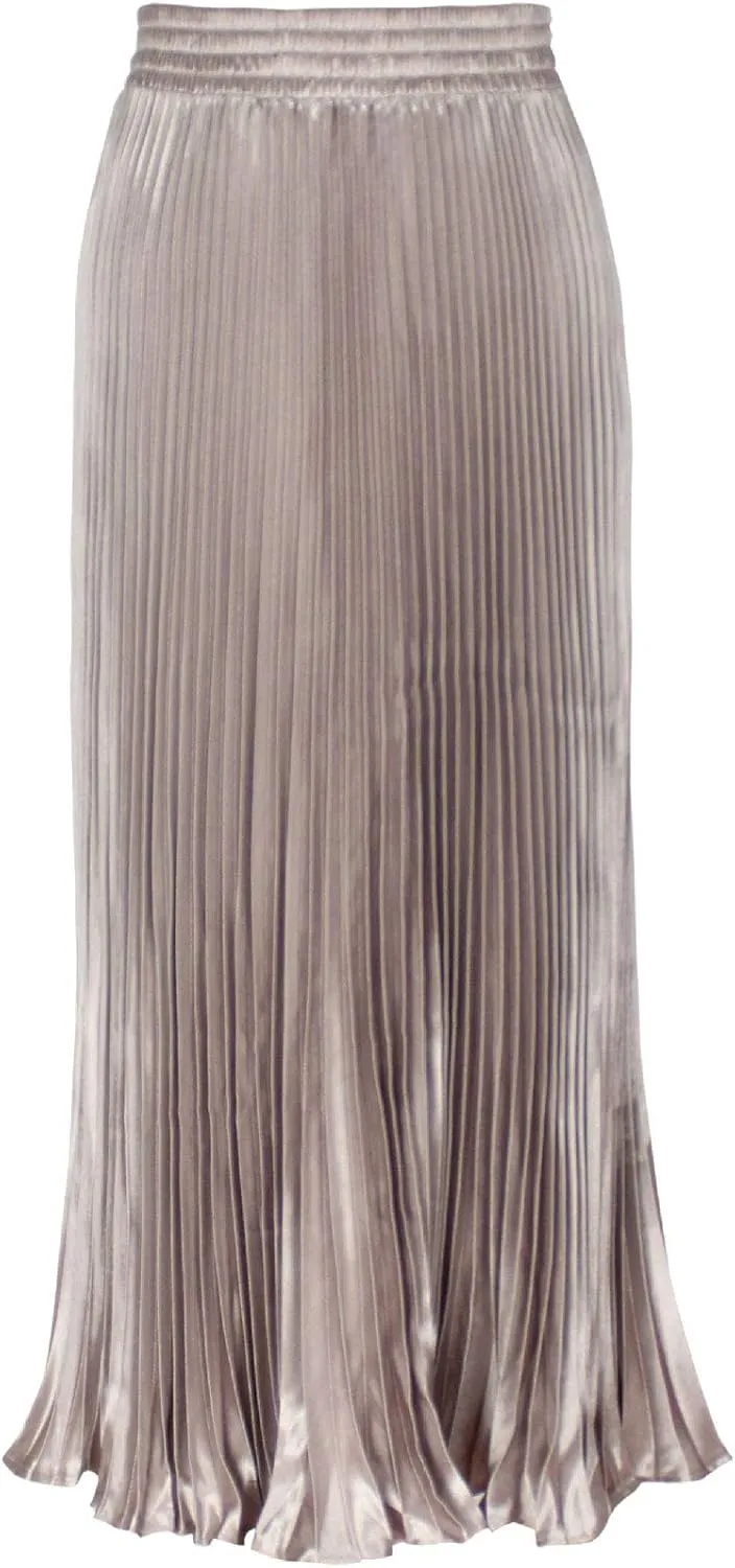 ebossy Women's Boho Satin Metallic Pleated Accordion Skirts Elastic High Waist Flowy A Line Shirring Maxi Long Skirt (One Size, Nude)