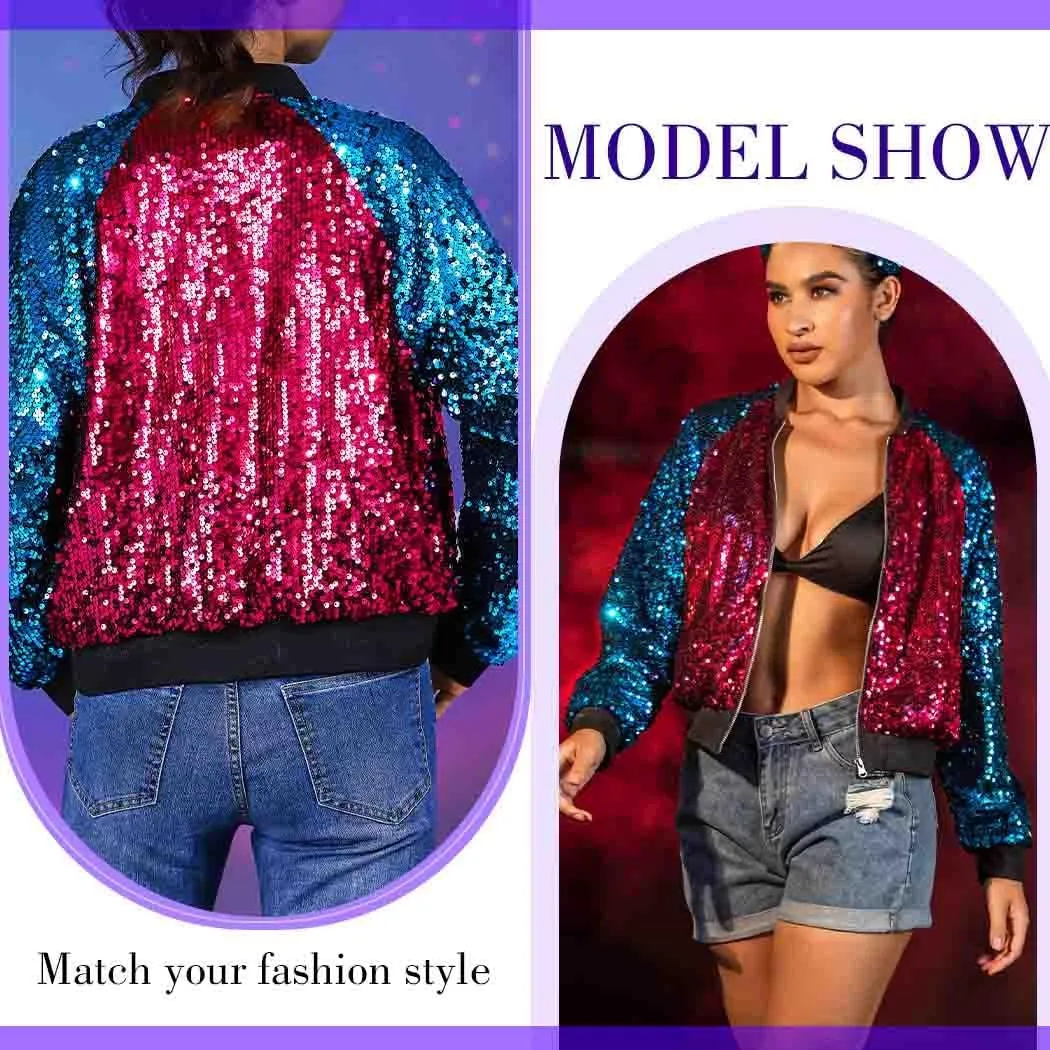 EVILD Womens Light Up Sequins Bomber Jackets Glitter Long Sleeve Jacket Party Color Block Front Zipper up Collarless Jacket