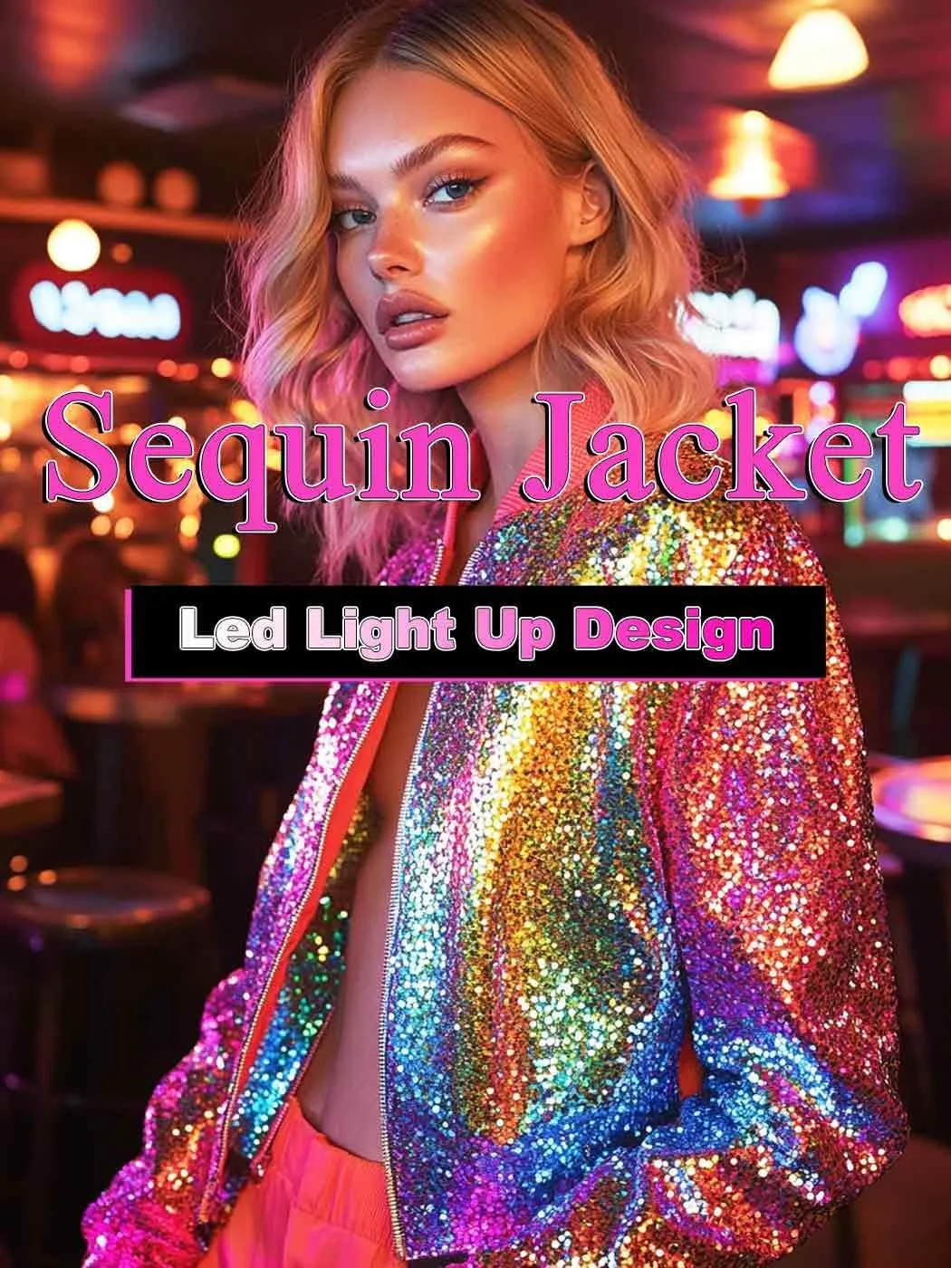 EVILD Womens Light Up Sequins Bomber Jackets Glitter Long Sleeve Jacket Party Color Block Front Zipper up Collarless Jacket
