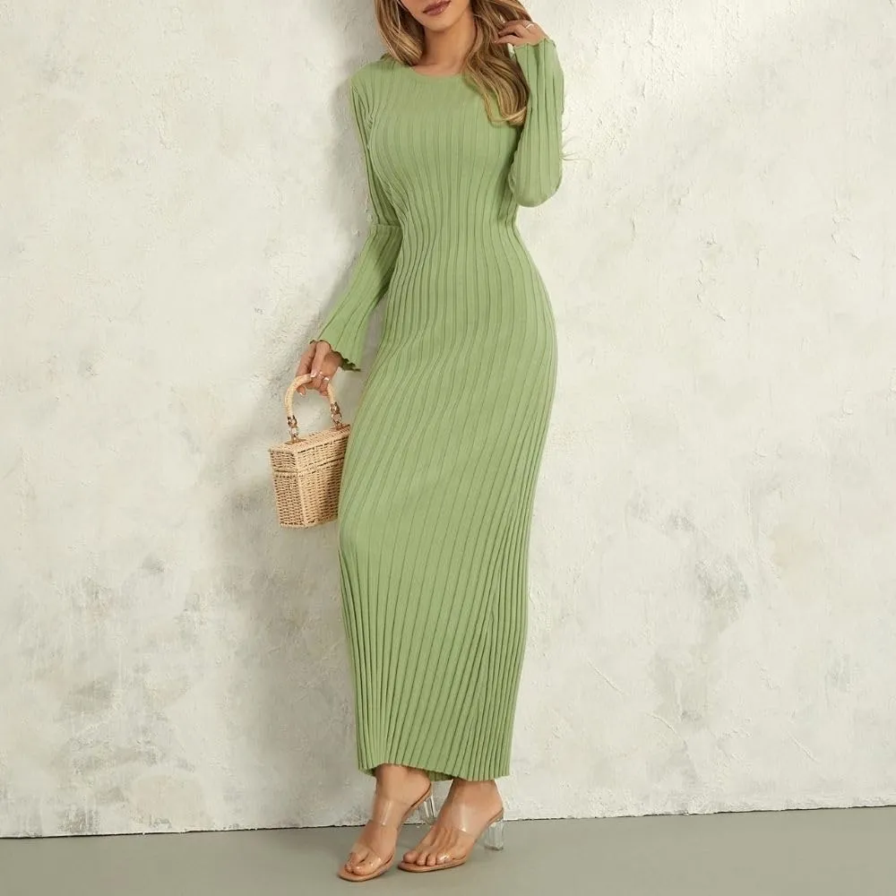 Fall Knit Dresses for Women 2024 Elegant Ribbed Pleated Bodycon Sweater Dress Casual Loose Maternity Dress