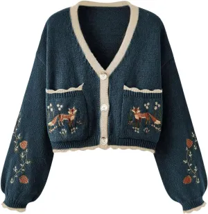 GORGLITTER Women's Flower Embroidery Button Up Cute Cardigan Chunky Cable Knit Oversized Fall Trendy 2025 Sweaters