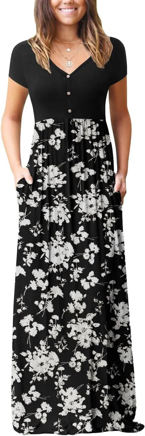 GRECERELLE Womens Long Maxi Dresses 2025 Short Sleeve V Neck Casual Summer Button Dress with Pockets