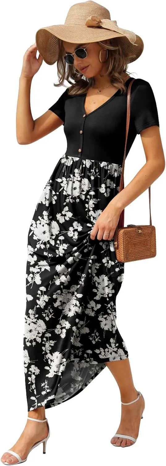 GRECERELLE Womens Long Maxi Dresses 2025 Short Sleeve V Neck Casual Summer Button Dress with Pockets