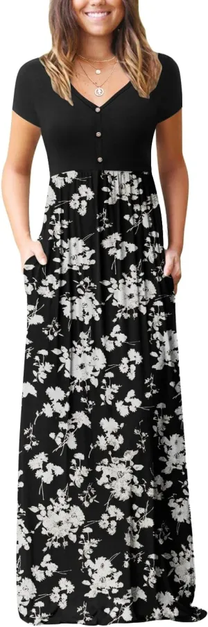 GRECERELLE Womens Long Maxi Dresses 2025 Short Sleeve V Neck Casual Summer Button Dress with Pockets