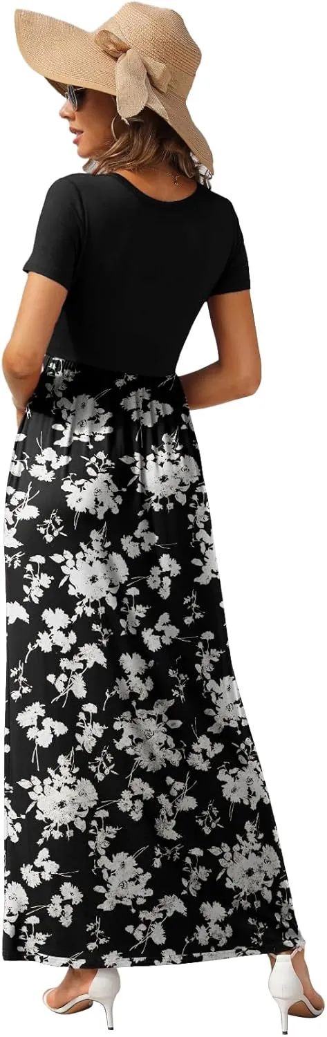 GRECERELLE Womens Long Maxi Dresses 2025 Short Sleeve V Neck Casual Summer Button Dress with Pockets