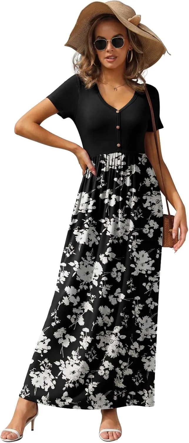 GRECERELLE Womens Long Maxi Dresses 2025 Short Sleeve V Neck Casual Summer Button Dress with Pockets