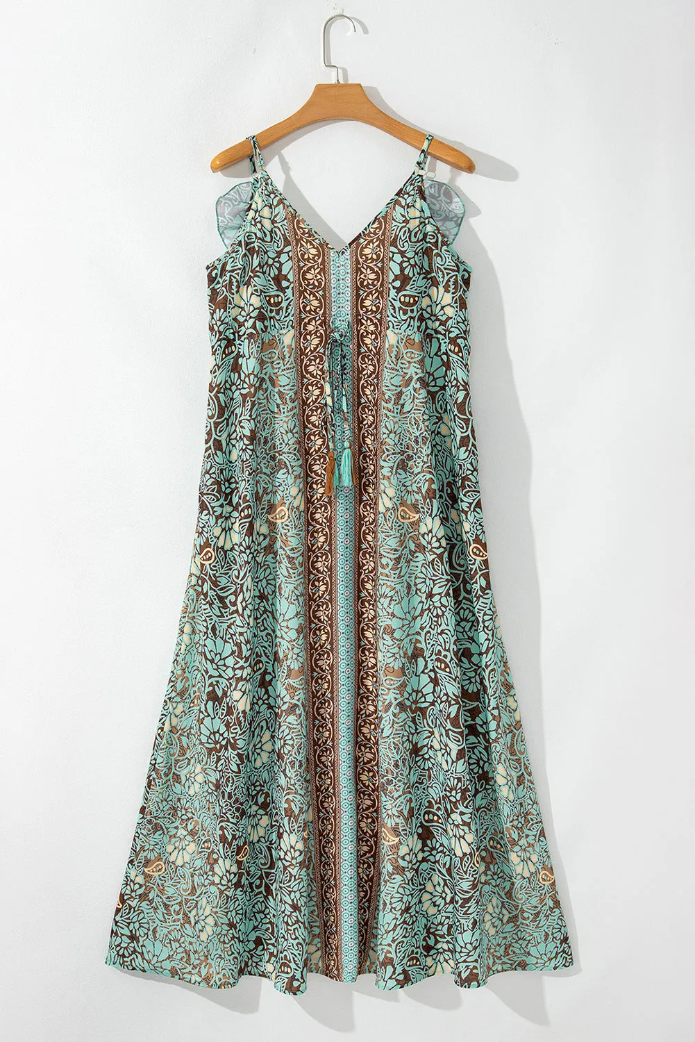 Green Floral Print V Neck Ruffled Trim Backless Tassel Waist Maxi Dress