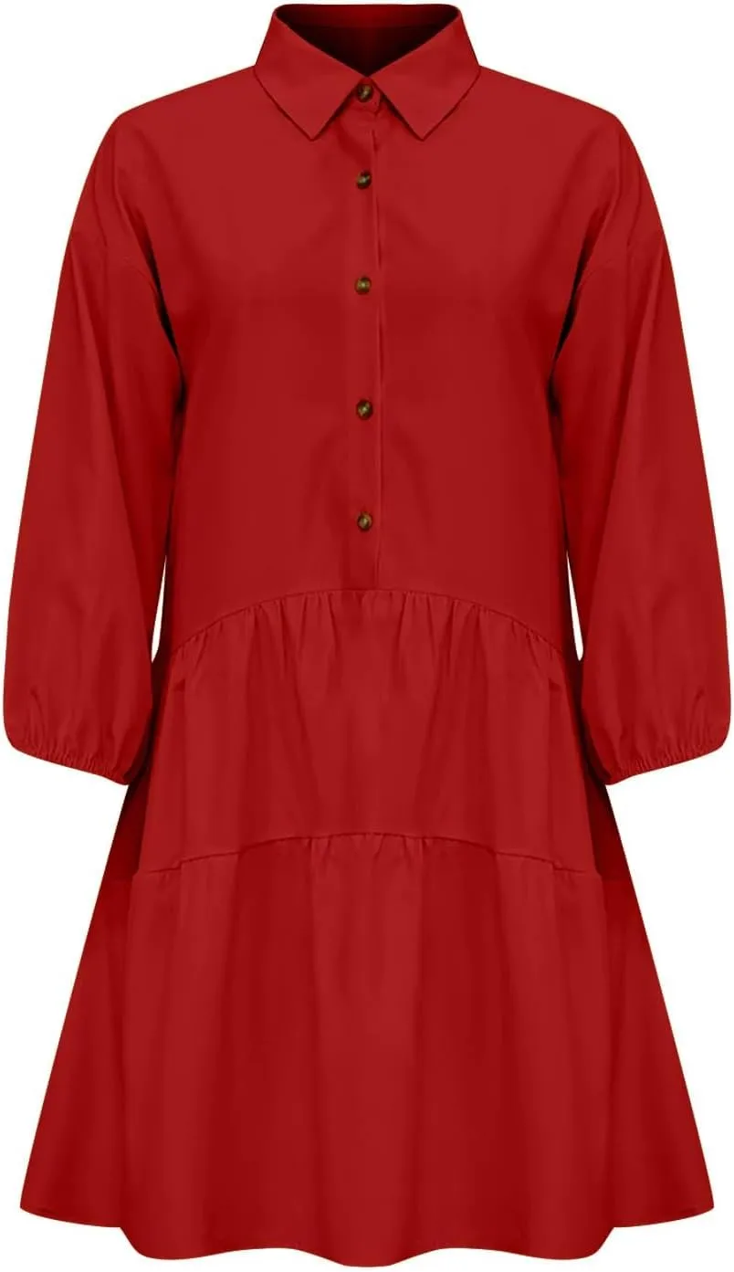 HGps8w Womens Long Sleeve Babydoll Dresses Chic Lantern Sleeve Loose Casual A-Line Button Down Shirt Dress