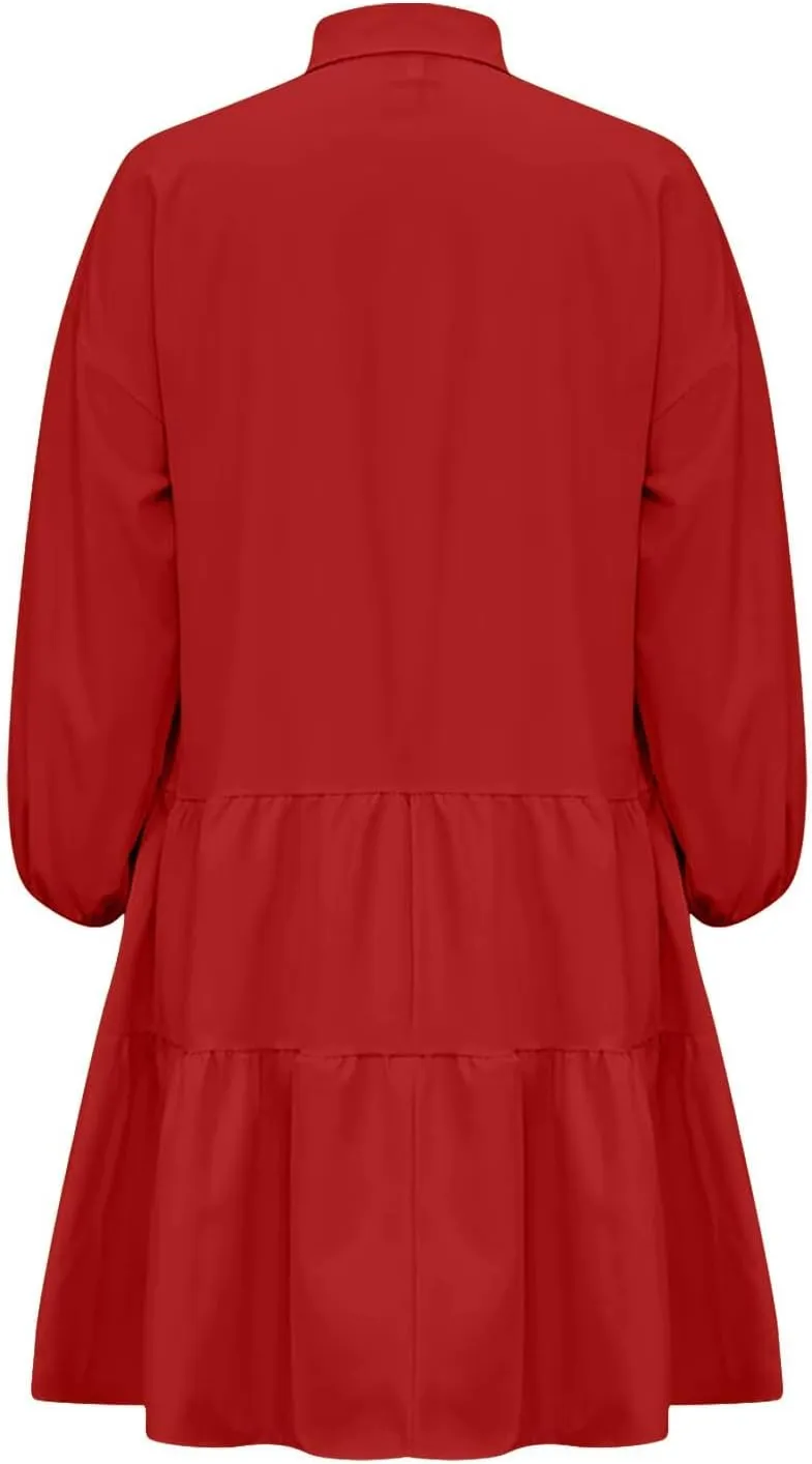 HGps8w Womens Long Sleeve Babydoll Dresses Chic Lantern Sleeve Loose Casual A-Line Button Down Shirt Dress