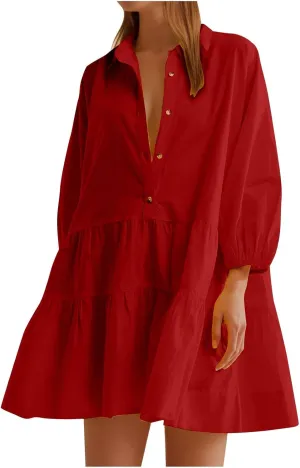HGps8w Womens Long Sleeve Babydoll Dresses Chic Lantern Sleeve Loose Casual A-Line Button Down Shirt Dress
