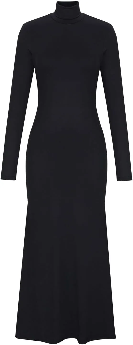 HGps8w Womens Turtleneck Bodycon Mermaid Maxi Dress Lady Casual Solid Long Sleeve Elegant Slimming Lounge Dresses