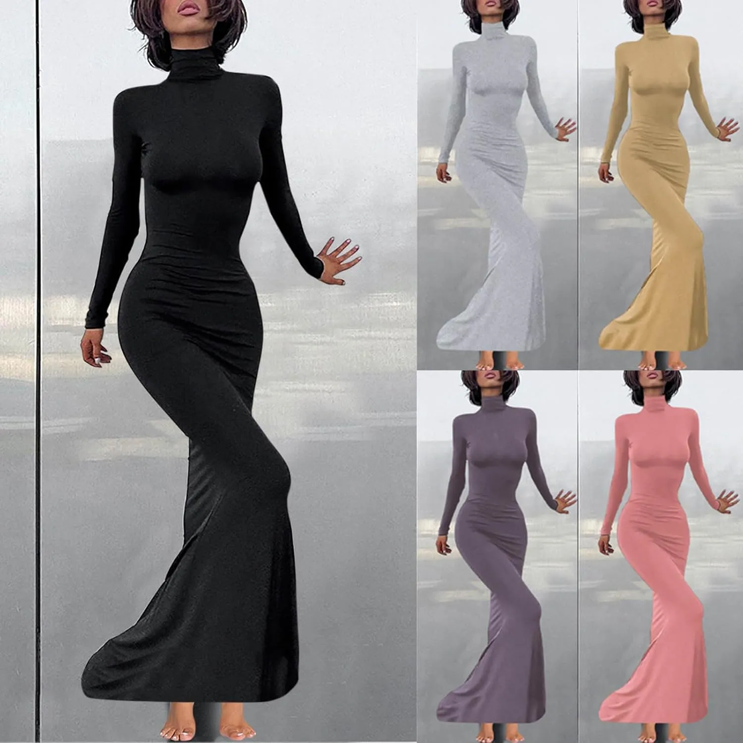 HGps8w Womens Turtleneck Bodycon Mermaid Maxi Dress Lady Casual Solid Long Sleeve Elegant Slimming Lounge Dresses