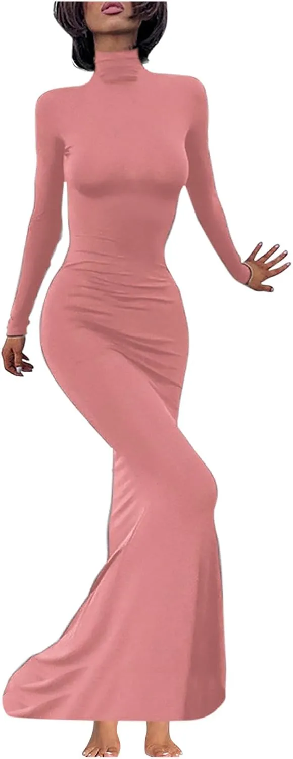 HGps8w Womens Turtleneck Bodycon Mermaid Maxi Dress Lady Casual Solid Long Sleeve Elegant Slimming Lounge Dresses
