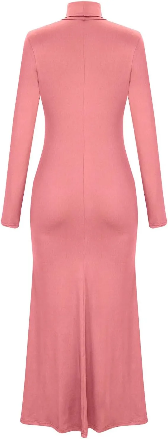 HGps8w Womens Turtleneck Bodycon Mermaid Maxi Dress Lady Casual Solid Long Sleeve Elegant Slimming Lounge Dresses