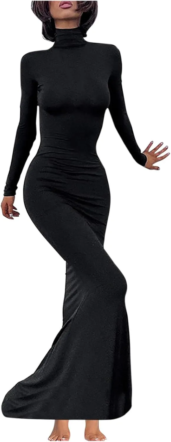 HGps8w Womens Turtleneck Bodycon Mermaid Maxi Dress Lady Casual Solid Long Sleeve Elegant Slimming Lounge Dresses