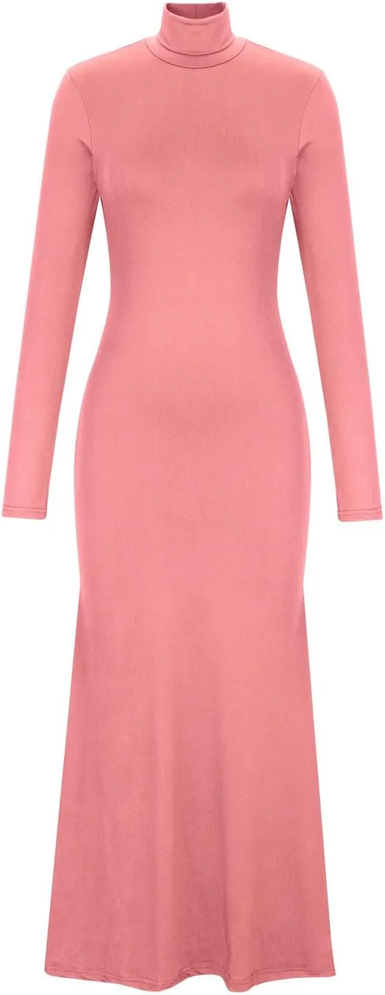 HGps8w Womens Turtleneck Bodycon Mermaid Maxi Dress Lady Casual Solid Long Sleeve Elegant Slimming Lounge Dresses