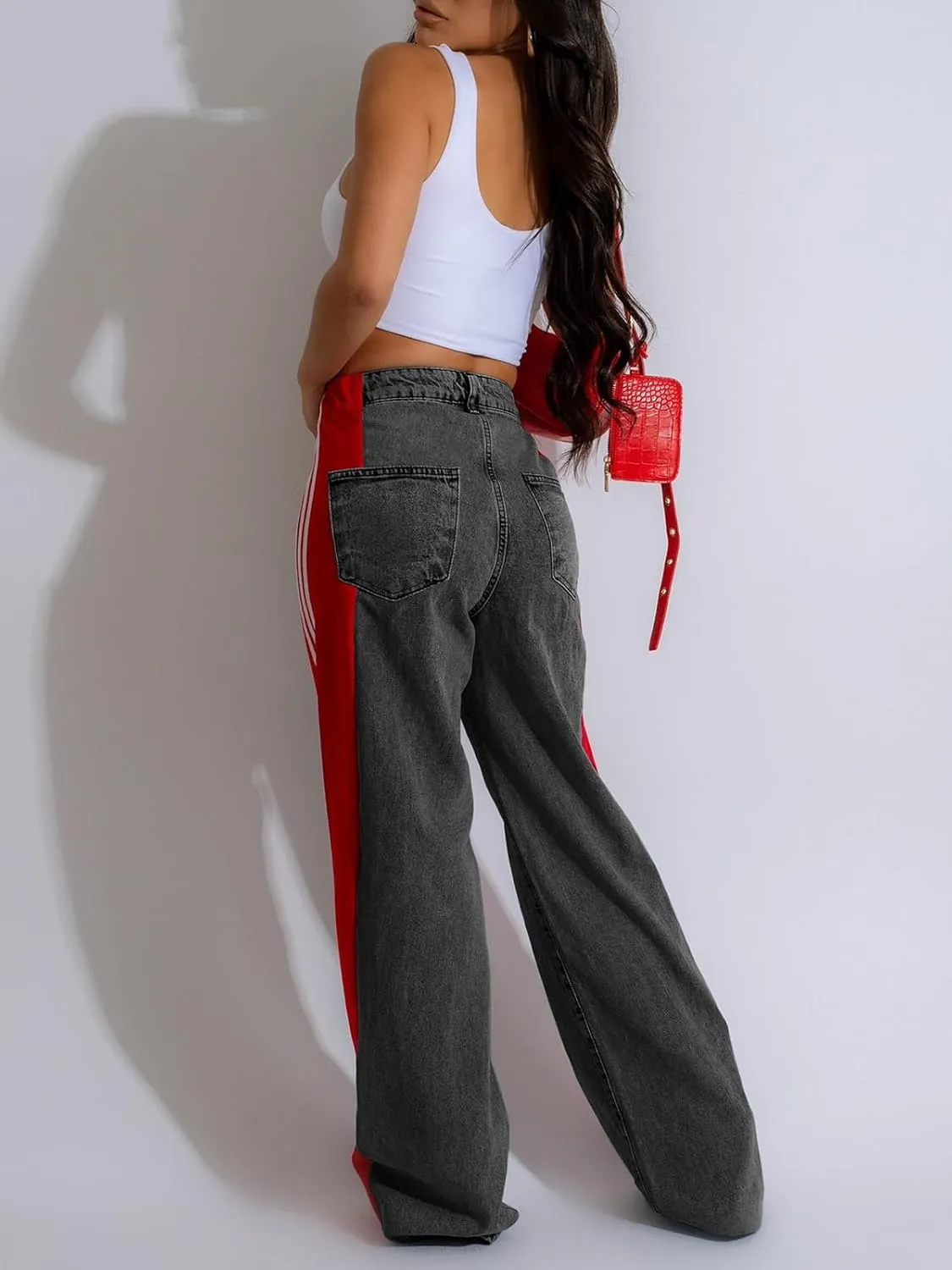 KANSOON Womens Jeans with Stretchy High Waisted Wide Leg Colorblock Patchwork Striped Trendy Streetwear Pants