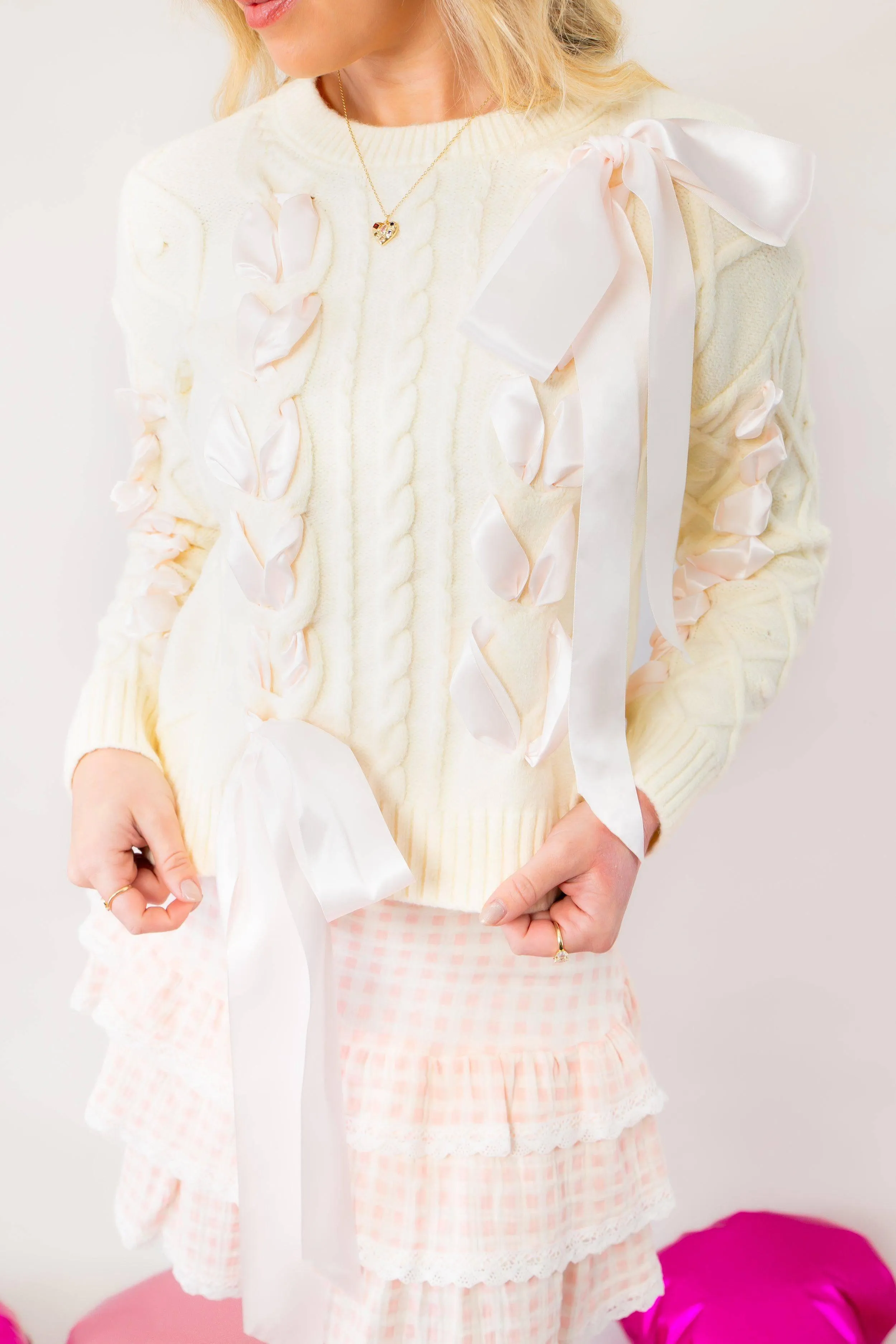 Khloe Chunky Cable Knit Ribbon Detail Sweater
