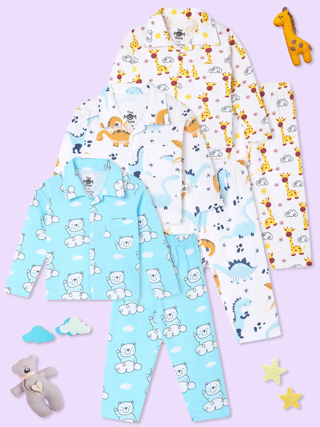Kids Pajama Set Combo of 3 - Dino Trip, Hello Bear & Tall as a Giraffe