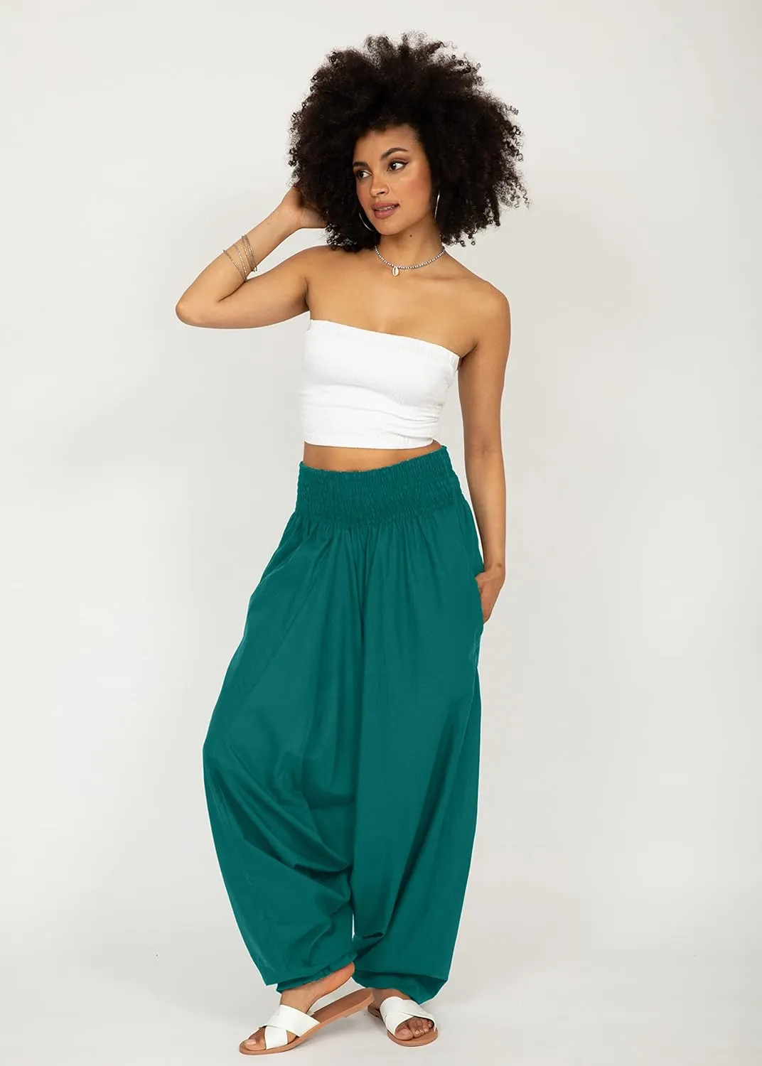 likemary Harem Pants Women Jumpsuits  Maxi Romper Pulls Down into Cotton Boho Pants with Pockets  One Size 2-in-1 Outfit