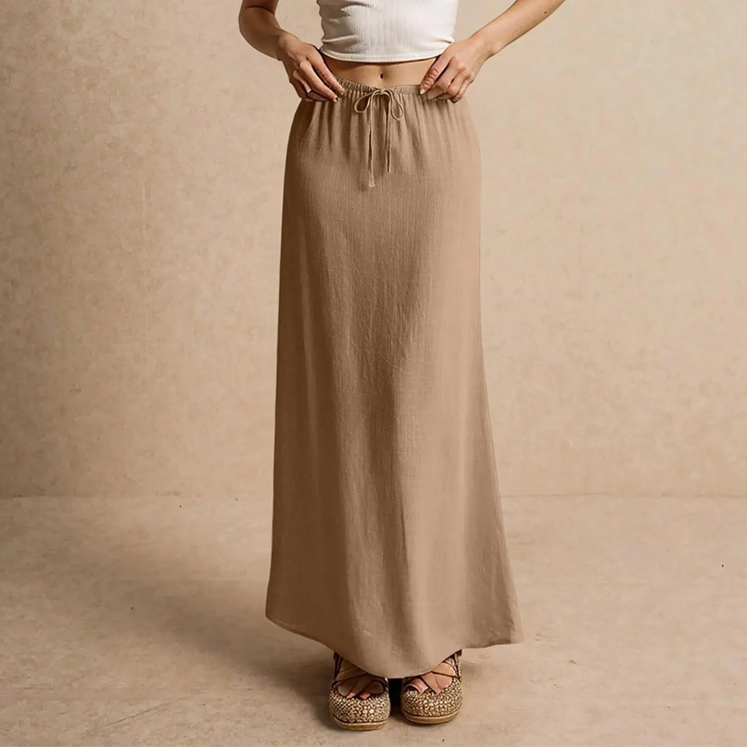 Linen Flared Maxi Skirt Elastic High Waist Drawstring Skirts Dressy Casual Flowy Ankle-Length Skirts with Back Slit