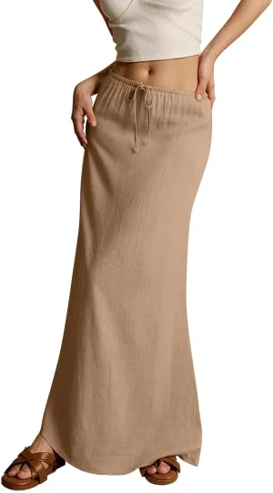 Linen Flared Maxi Skirt Elastic High Waist Drawstring Skirts Dressy Casual Flowy Ankle-Length Skirts with Back Slit