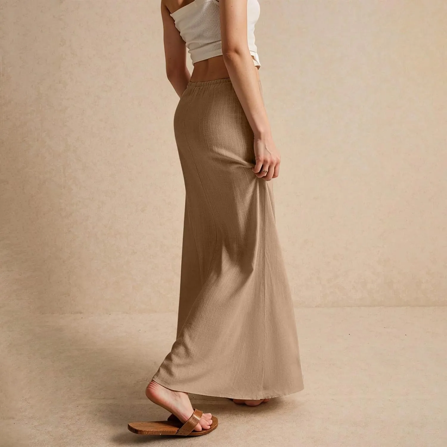 Linen Flared Maxi Skirt Elastic High Waist Drawstring Skirts Dressy Casual Flowy Ankle-Length Skirts with Back Slit