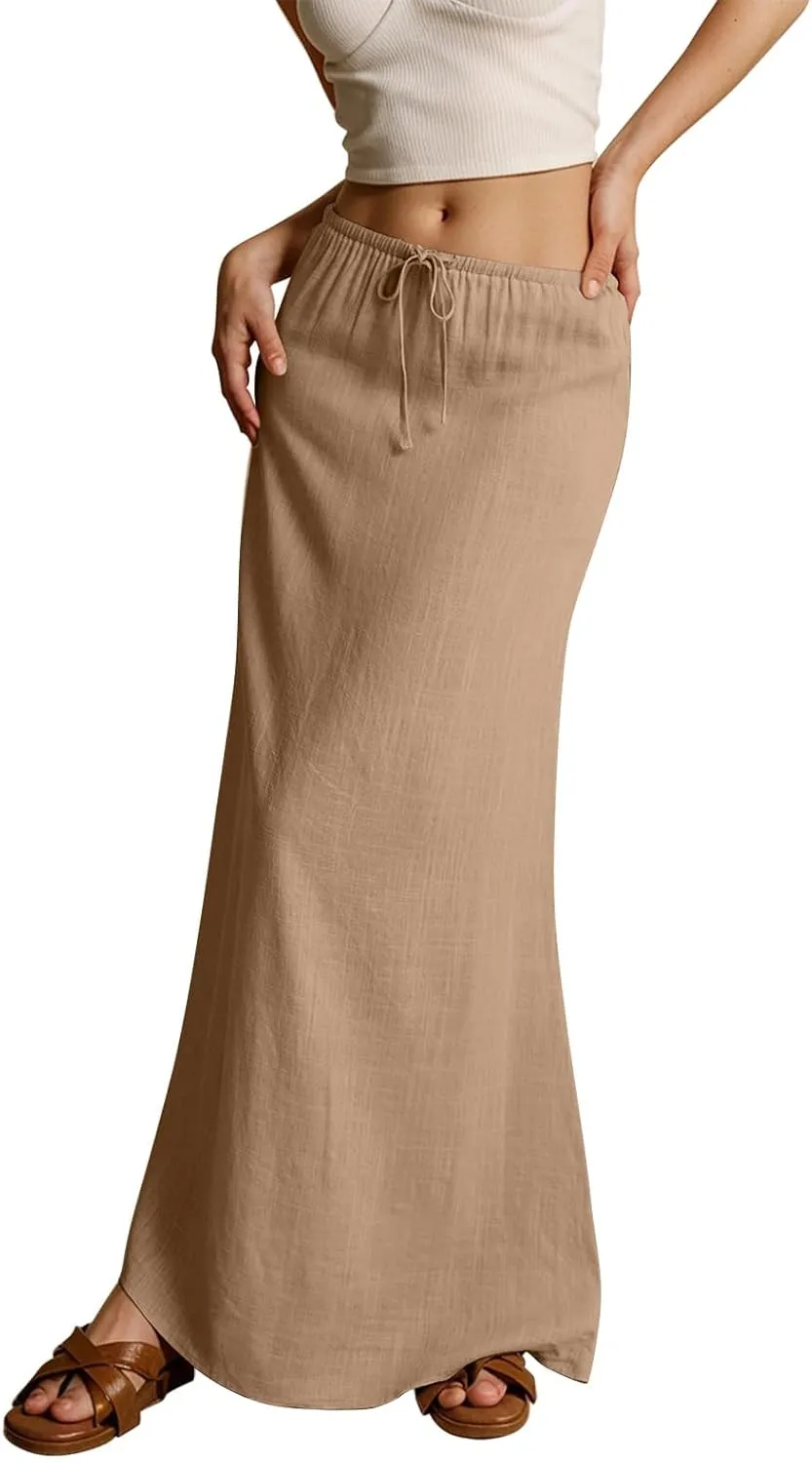 Linen Flared Maxi Skirt Elastic High Waist Drawstring Skirts Dressy Casual Flowy Ankle-Length Skirts with Back Slit