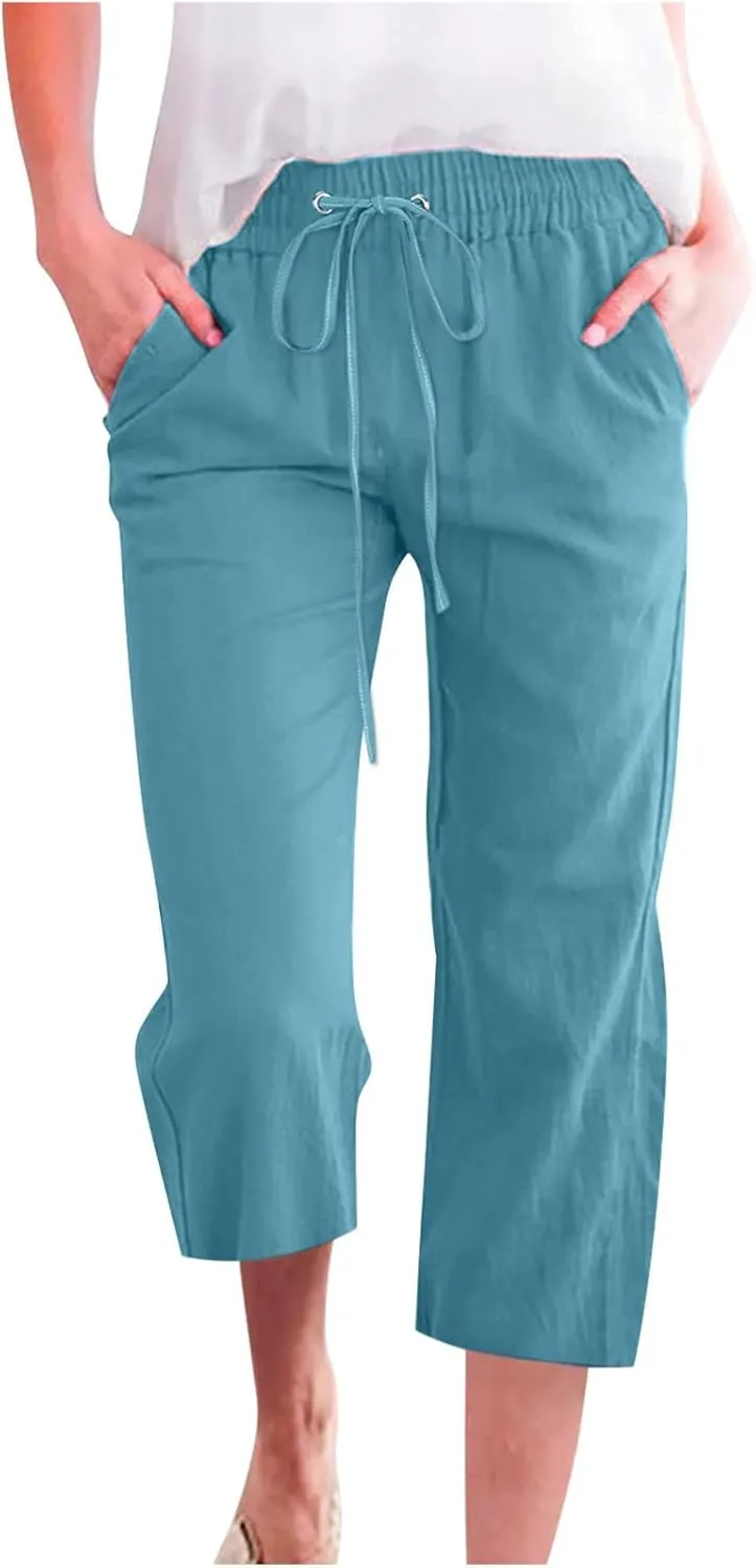 LRMQS Capris Pants for Women Cotton Linen Casual Summer 2025 Straight Wide Leg Loose Drawstring Elastic Waist Cropped Trouser