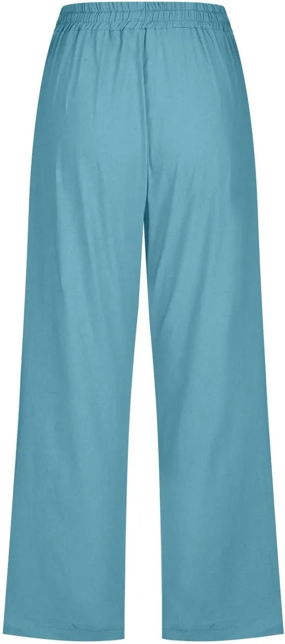 LRMQS Capris Pants for Women Cotton Linen Casual Summer 2025 Straight Wide Leg Loose Drawstring Elastic Waist Cropped Trouser