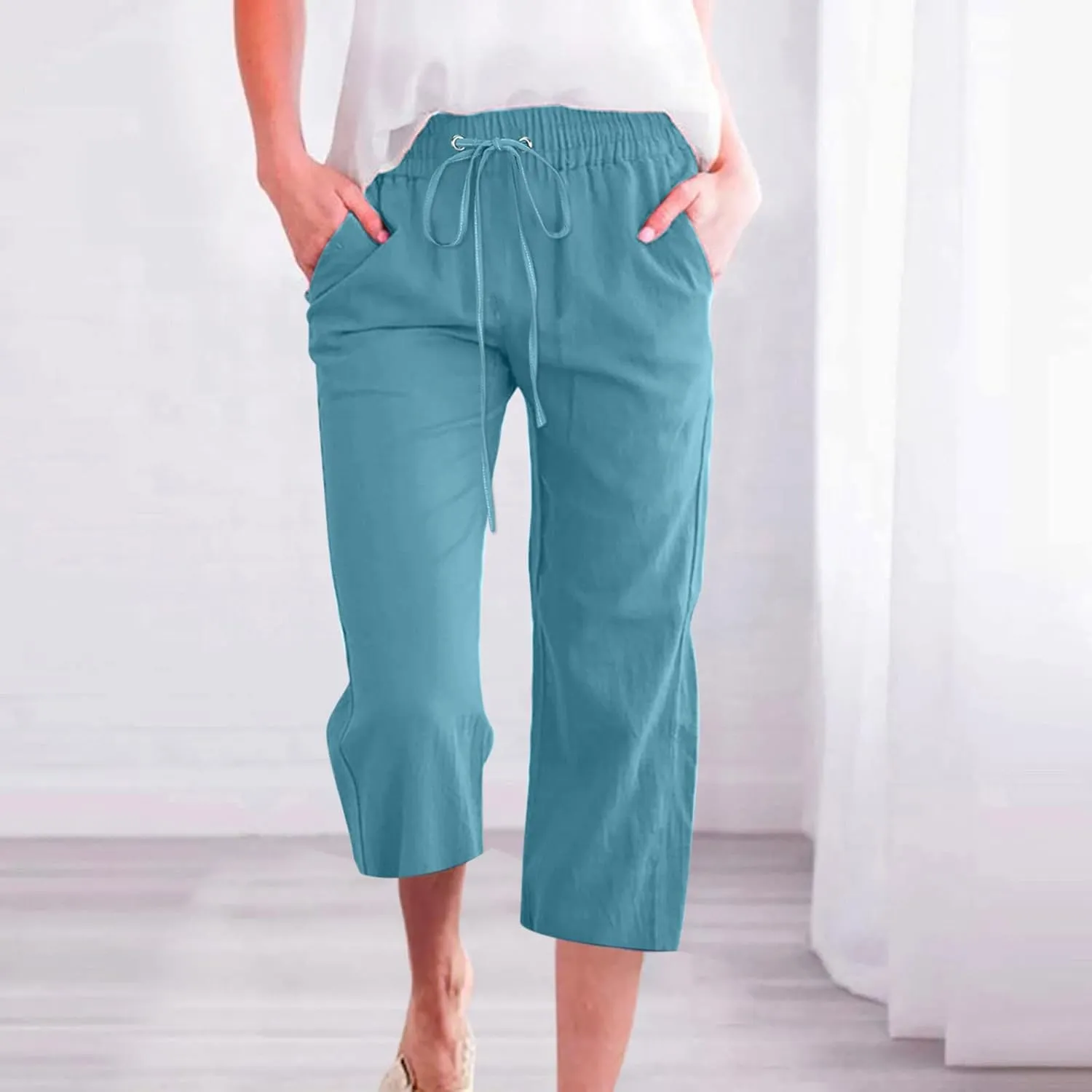 LRMQS Capris Pants for Women Cotton Linen Casual Summer 2025 Straight Wide Leg Loose Drawstring Elastic Waist Cropped Trouser