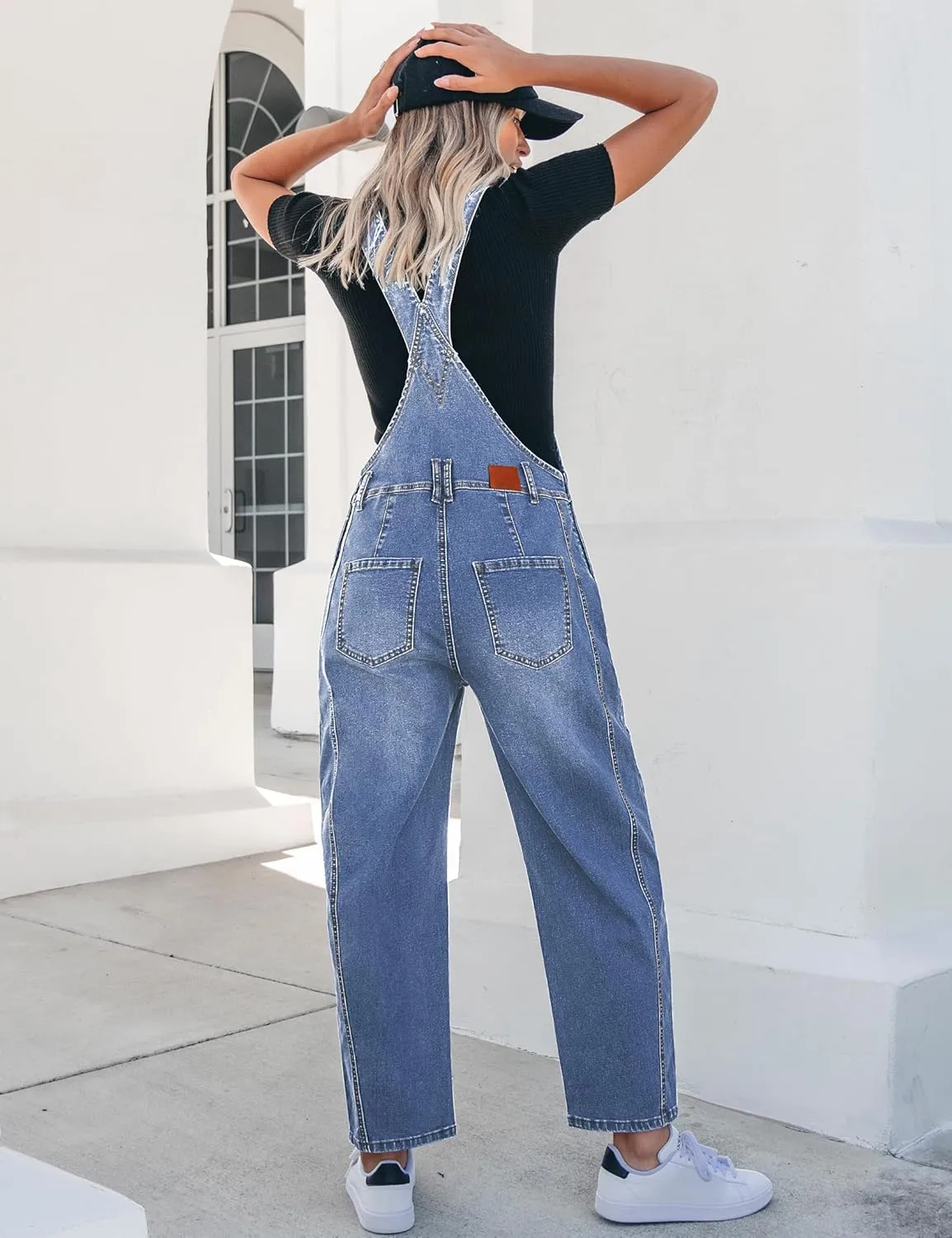 luvamia Barrel Leg Overalls for Women Baggy Bib Stretchy Denim Jumpsuit Loose Fit Jean Overall Jumpsuits with Pockets