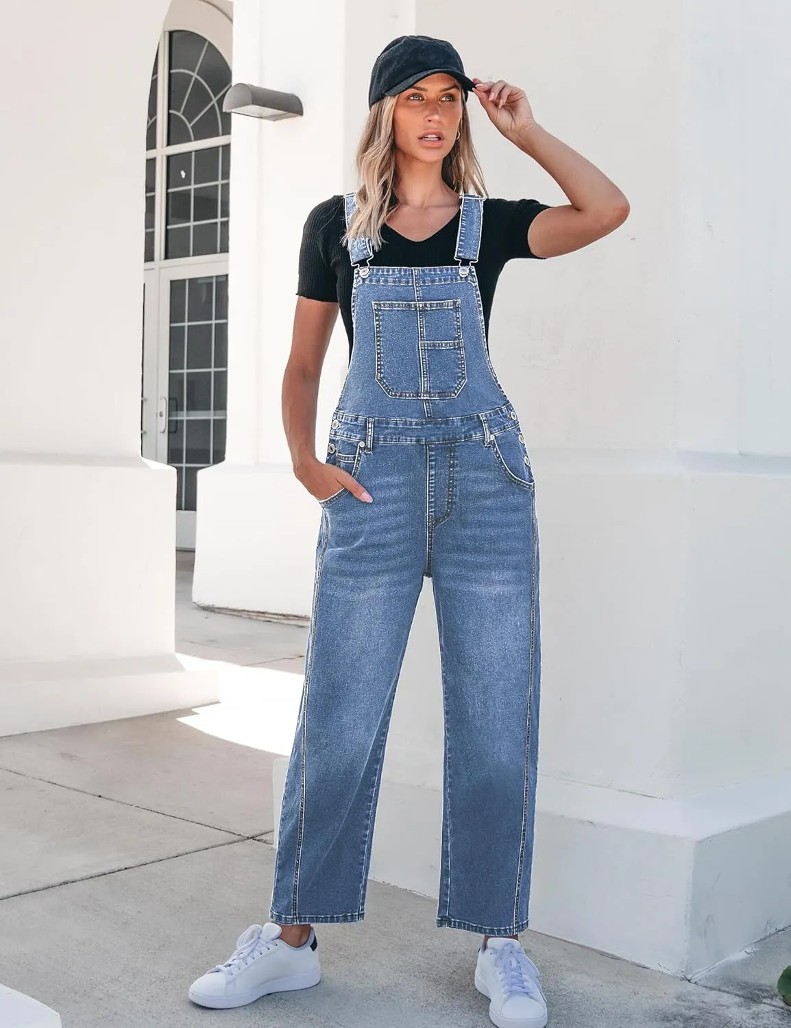 luvamia Barrel Leg Overalls for Women Baggy Bib Stretchy Denim Jumpsuit Loose Fit Jean Overall Jumpsuits with Pockets
