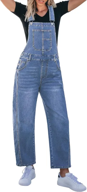 luvamia Barrel Leg Overalls for Women Baggy Bib Stretchy Denim Jumpsuit Loose Fit Jean Overall Jumpsuits with Pockets