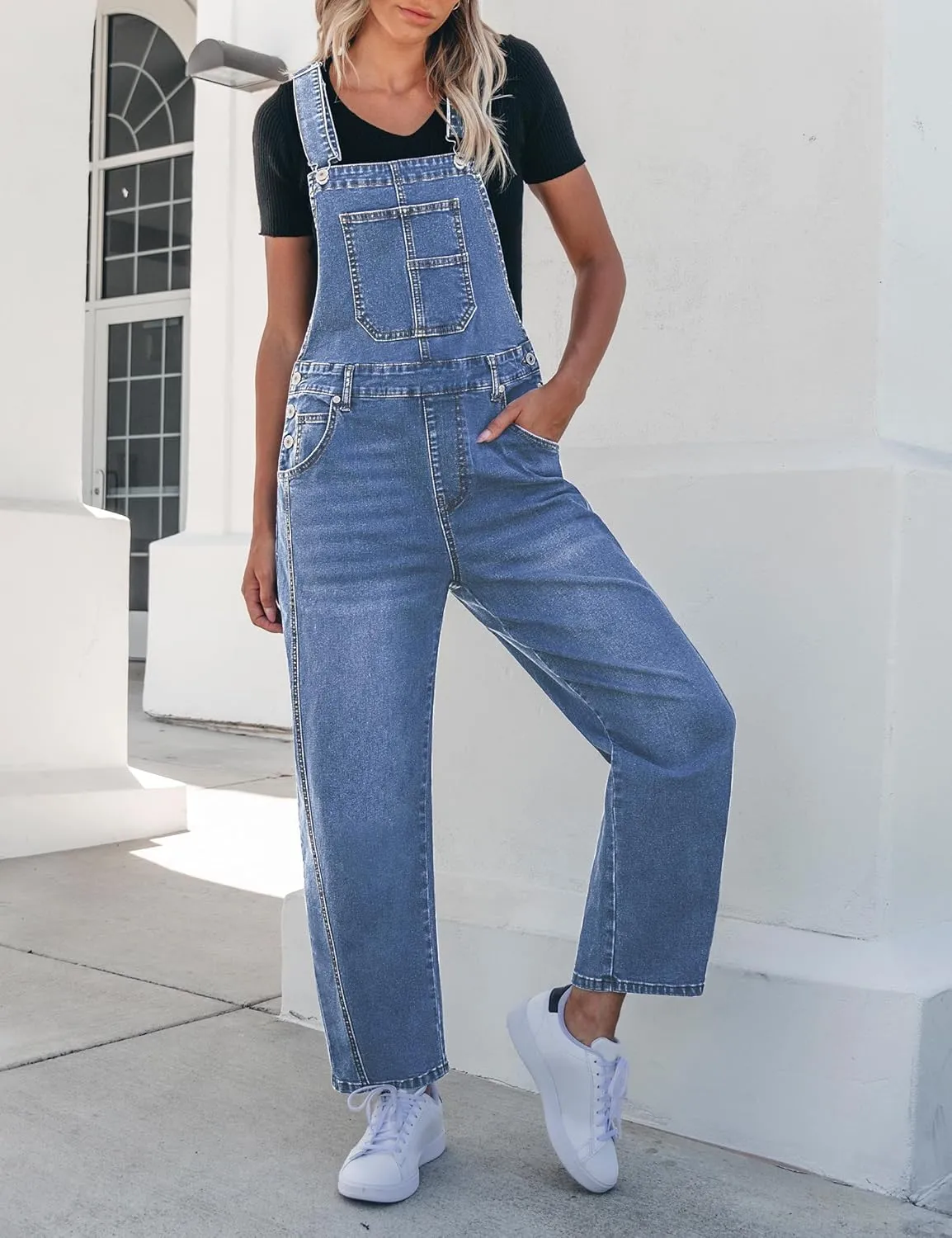 luvamia Barrel Leg Overalls for Women Baggy Bib Stretchy Denim Jumpsuit Loose Fit Jean Overall Jumpsuits with Pockets