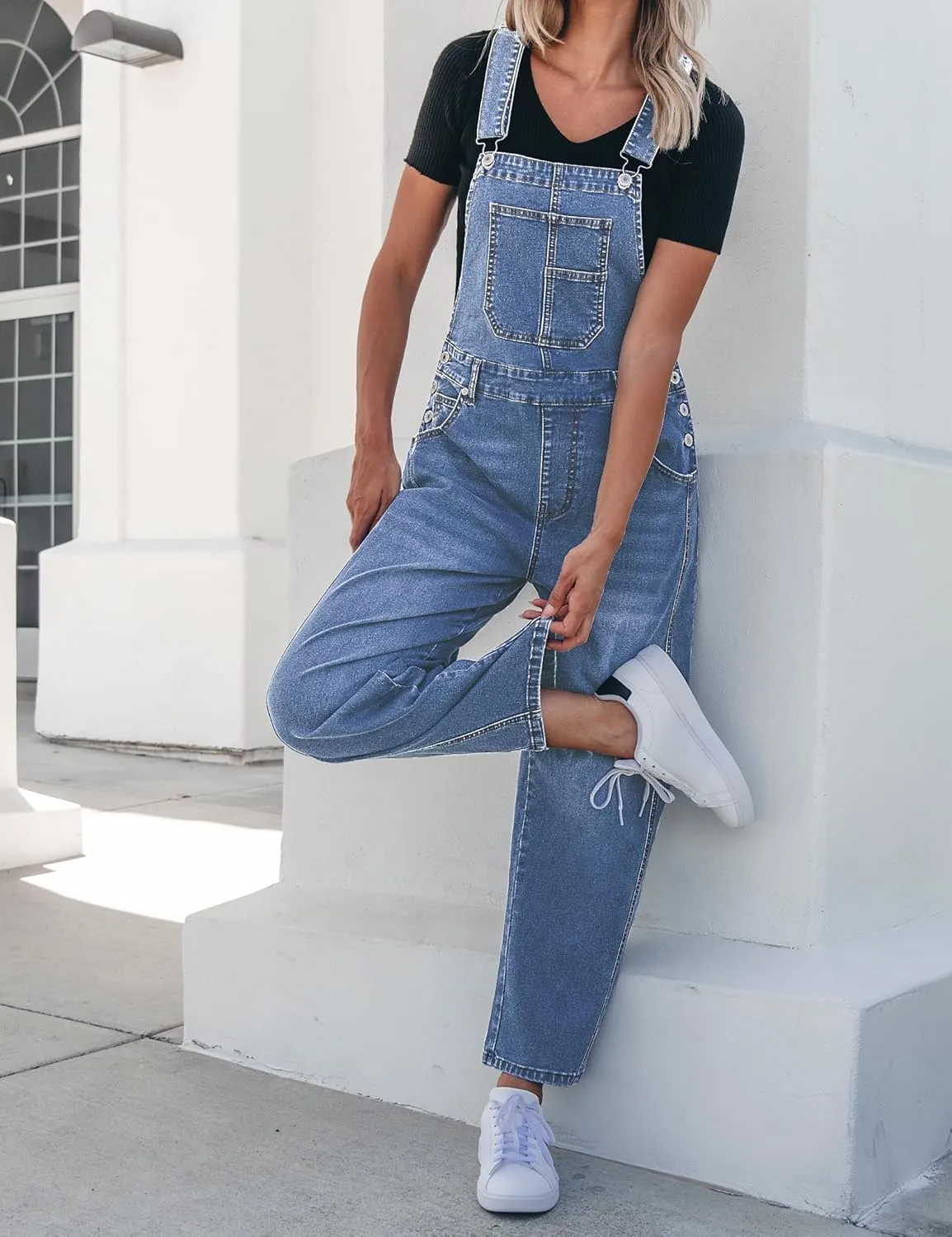 luvamia Barrel Leg Overalls for Women Baggy Bib Stretchy Denim Jumpsuit Loose Fit Jean Overall Jumpsuits with Pockets