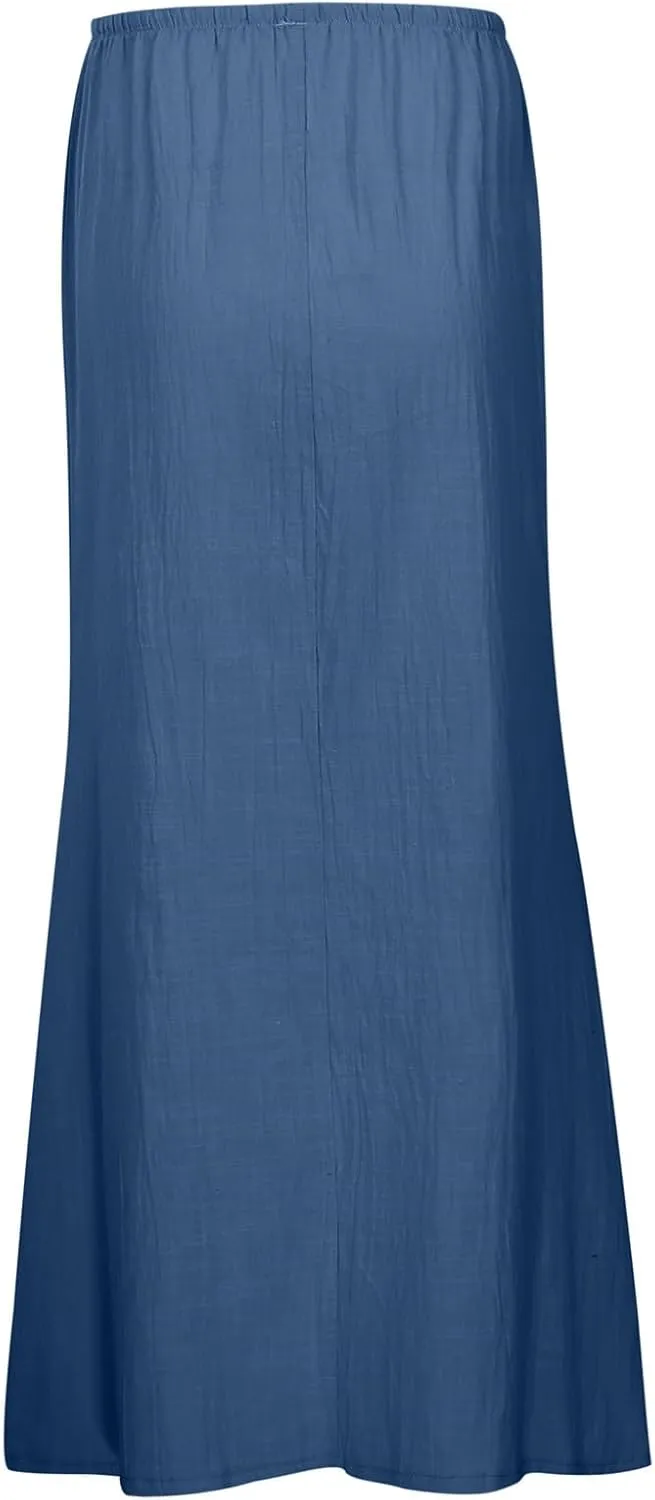 Maxi Skirts for Women Summer Trendy Linen Beach Casual Dresses Low Waist Drawstring Cute Boho Flowy Long A Line Skirt