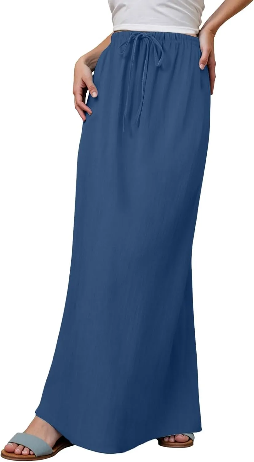Maxi Skirts for Women Summer Trendy Linen Beach Casual Dresses Low Waist Drawstring Cute Boho Flowy Long A Line Skirt