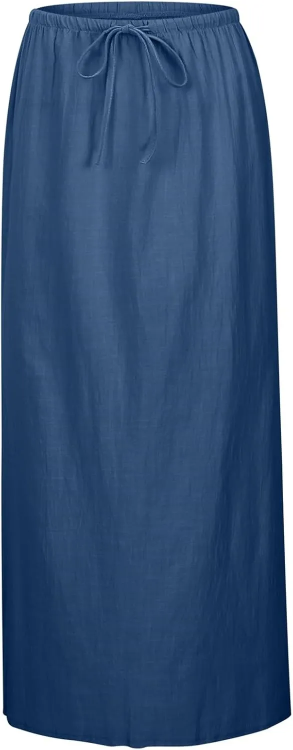 Maxi Skirts for Women Summer Trendy Linen Beach Casual Dresses Low Waist Drawstring Cute Boho Flowy Long A Line Skirt