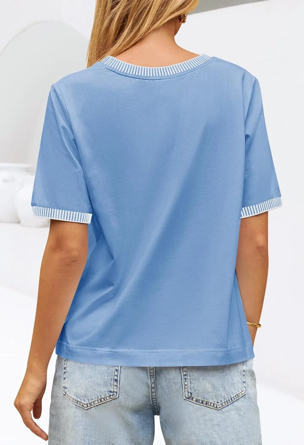 MEROKEETY Women's 2025 Short Sleeve Striped Color Block T Shirts Crewneck Loose Casual Tee Tops